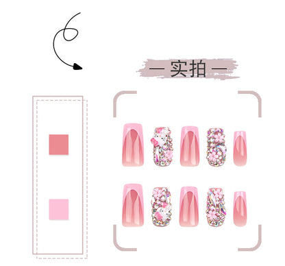 Hello Kitty Cat Wearing Nail Flower Rhinestone Flashing Fake Nails Pink French Nail Tip fake nails