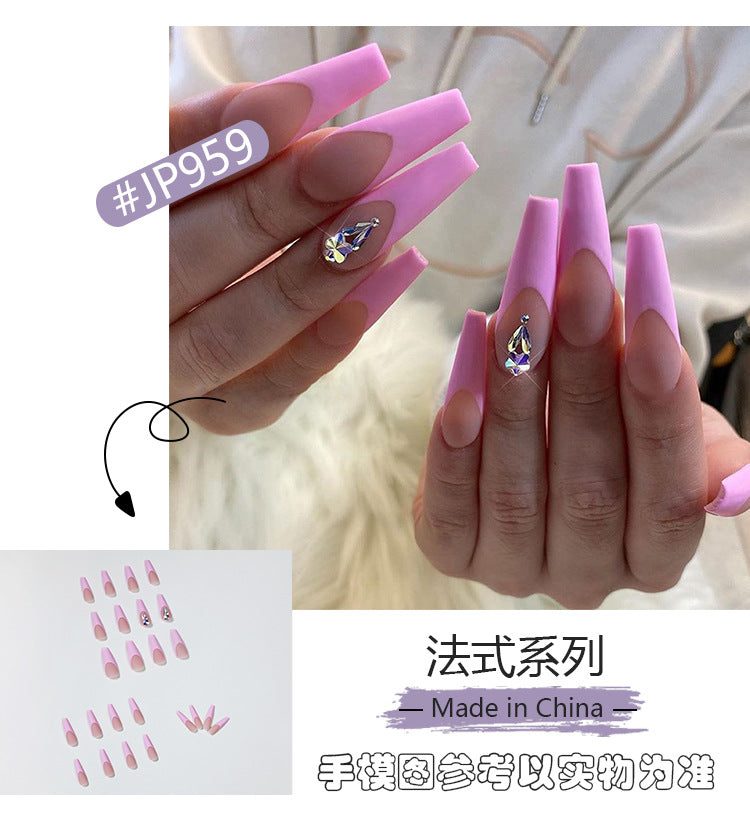 Peach Pink French Style Plum Blossom Diamond Water Drop Long Ballet Wear Finished Nail Beauty Fake Nails Nail Stickers Nail Patch