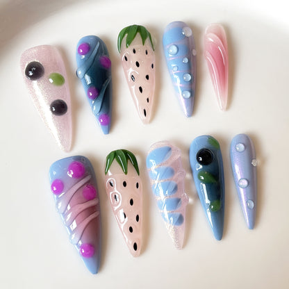 【Dyed Nail】Ice Crystal Strawberry Cute Fruit Style Handmade Wear Armor3D Embossed Hand-Painted Long Nail Stickers