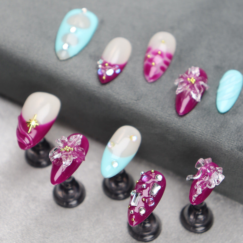 Hot Sale Handmade Wearing Nail Painted Flower Three-Dimensional Crystal Ice Flower Ink Blue Color Jumping Texture Nail Stickers