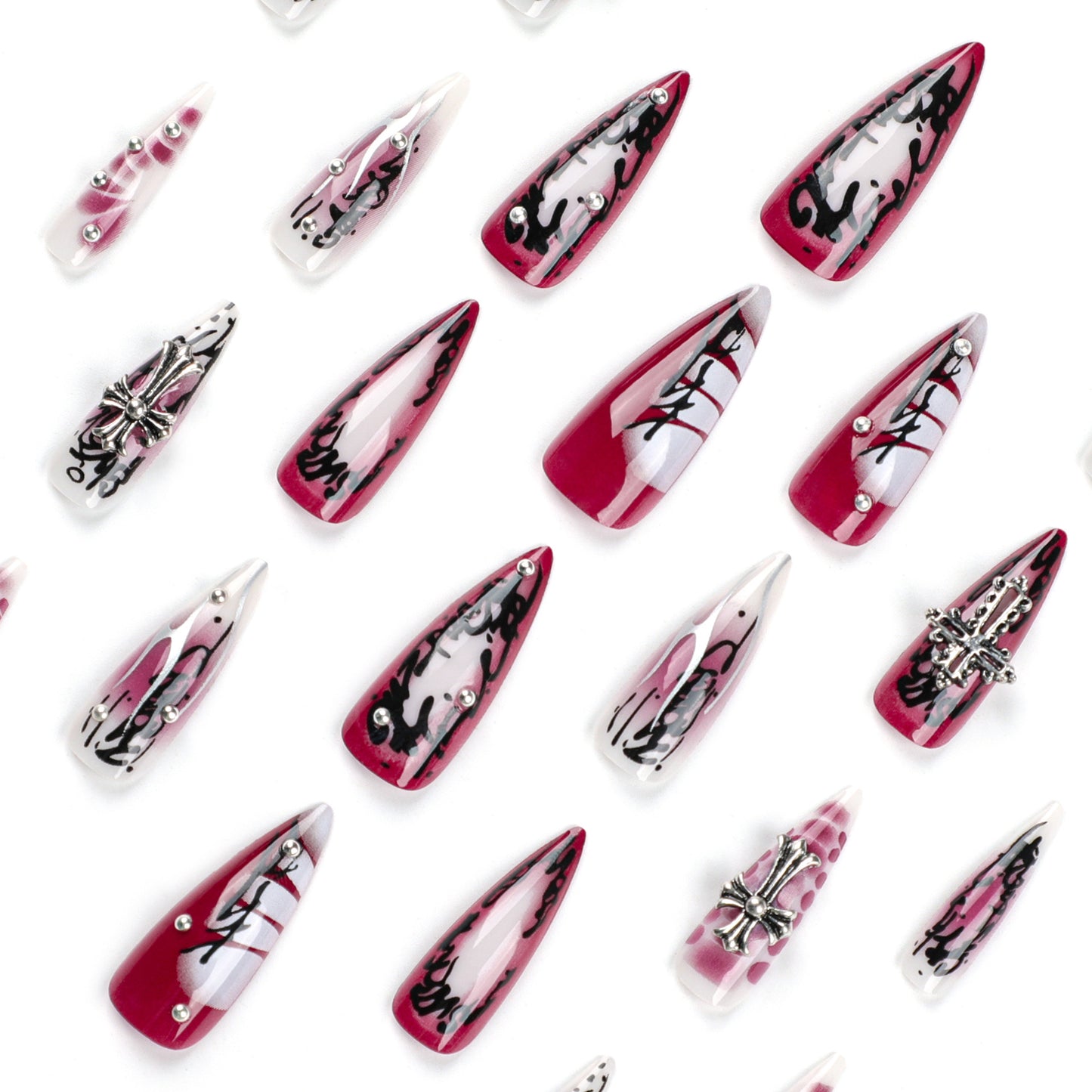 European and American Hot Girls Wear Nail Polish Piece Dark Cross Nail Art Nail Shaped Piece Hot Silver Blooming Fake Nails Nail Shaped Piece