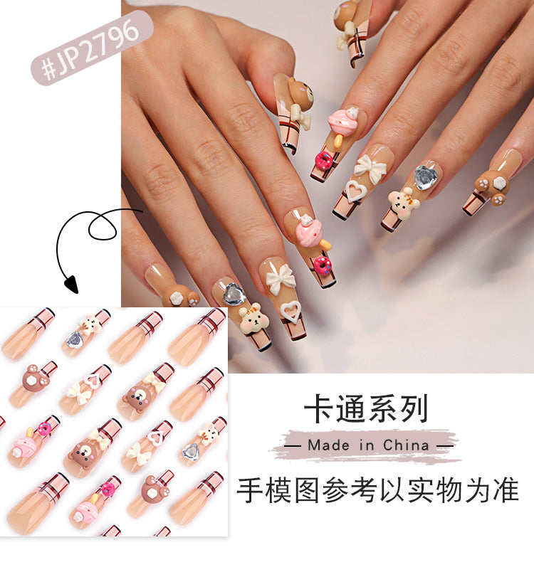 Cartoon Cute Bear Manicure French Plaid Fake Nails Three-Dimensional Bow Brown Wear Wearable Nail Tip Wholesale