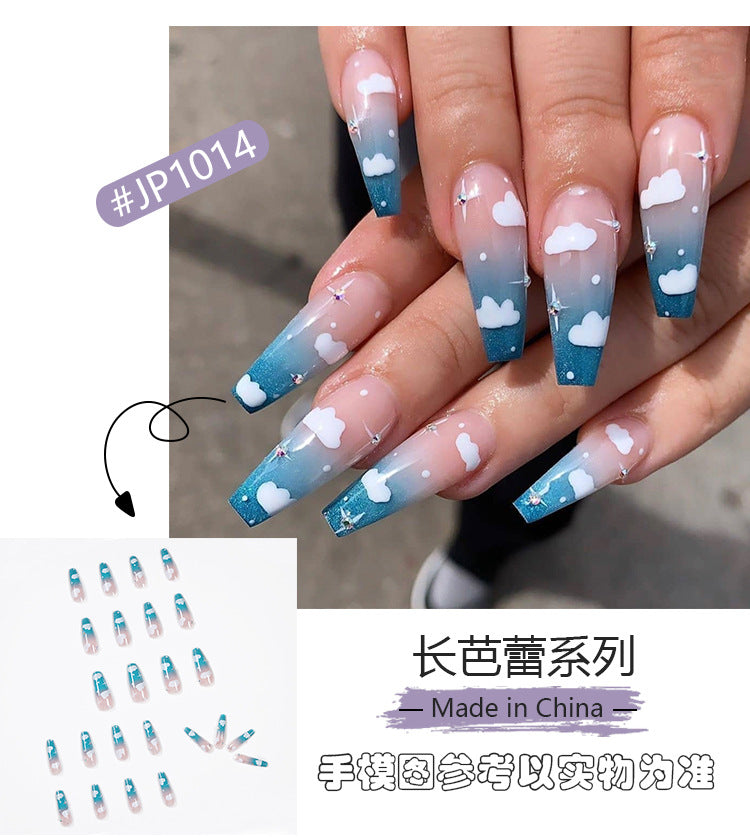 Sky Blue Clouds Gradient Rhinestone Wear Finished Nail Beauty Fake Nails Nail Stickers Nail Patch Detachable Foreign Trade