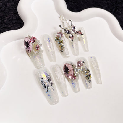 Handmade Wear Nail Light Luxury Heavy Industry Flash Pile Rhinestone Long Nail Stickers Butterfly Chain Wearable Nail Sticker