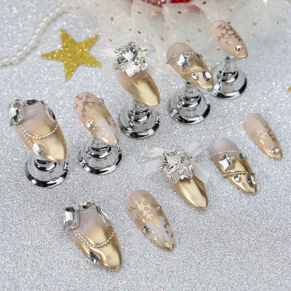 Christmas Blooming Gradient Wear Armor Champagne Gold Fashion Adult Lady like Woman Affordable Luxury Style Zircon Pile Beads Snowflake Almond Nail Stickers