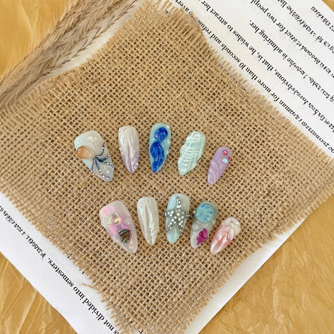 Cross-Border European and American Hot Hot-Selling Hand-Painted Happy Underwater World Hot-Selling Hot-Selling Pinch White High-Grade Long Manicure