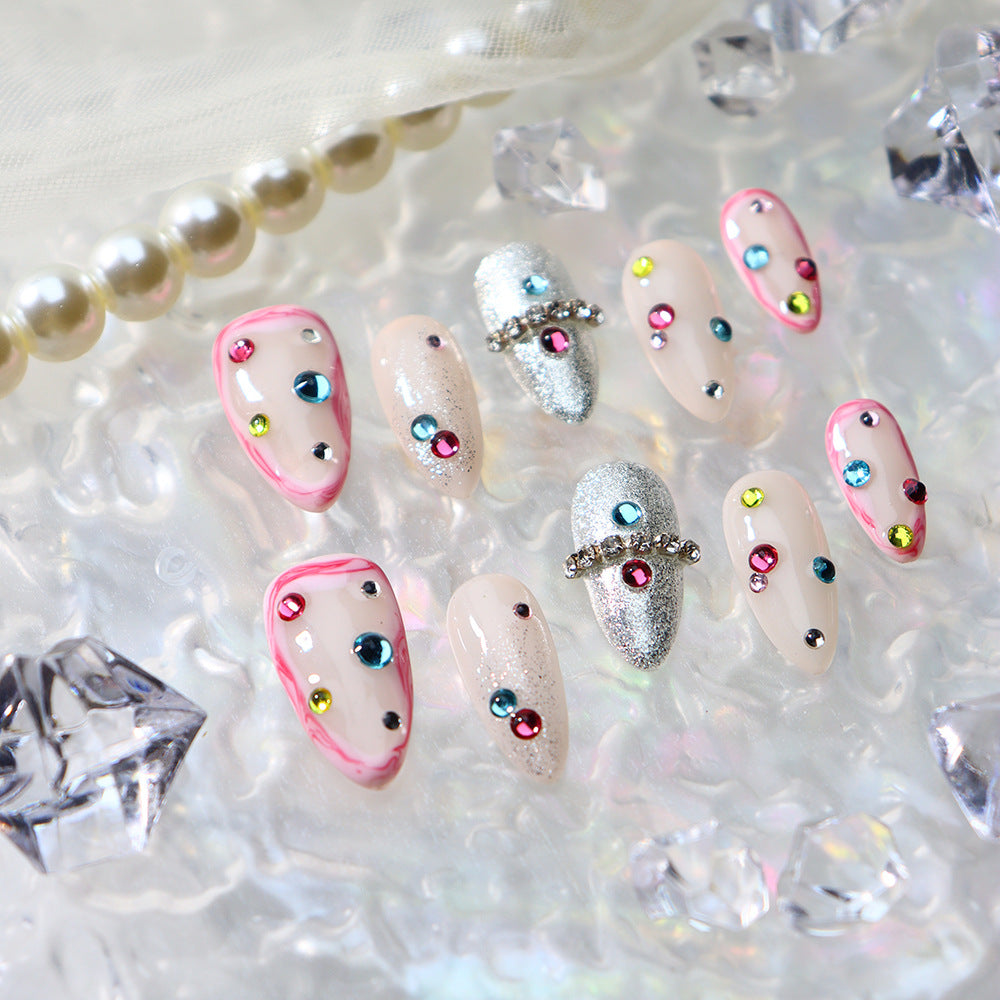 New Nail Beauty Patch Wear Nail Summer Handmade Nail Middle Almond with Colorful Crystals Dopamine Flash Hair Generation