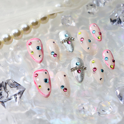 New Nail Beauty Patch Wear Nail Summer Handmade Nail Middle Almond with Colorful Crystals Dopamine Flash Hair Generation