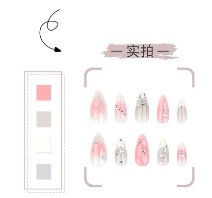 24Piece Pack3D Bow Manicure Three-Dimensional Handmade Magic Mirror Effect Powder Wear Nail French Love Blush Fake Nails Nail Tip