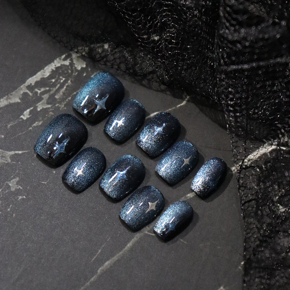 Short Ballet Hand-Worn Armour Night Sky Cat Eye XINGX Nail Stickers European and American Sweet Cool Rock Sky Blue Fake Nails