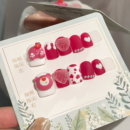 Three-Dimensional Cartoon Strawberry Bear Handmade Wearable Nail Detachable Manicure Short Autumn and Winter Hand-Painted Love Nail Sticker