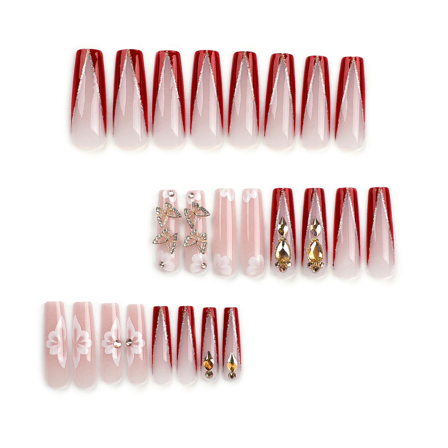 Ultra-Long Square Wear Armor Gold Three-Dimensional Butterfly Rhinestone Manicure Red French Removable Fake Nails Nail Tip