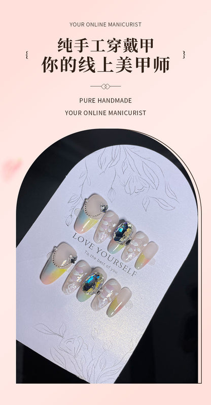 【Rainbow Dreamland】High-End Affordable Luxury Manicure Medium Oval French Hand-Wear Armor Popular Pure Desire Dopamine Style