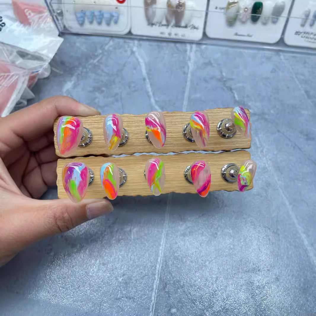 Europe and America Cross Border Hot Sale ins Wind Hand-Painted Color Dopamine Stripe Temperament Advanced Short Almond Nail Art