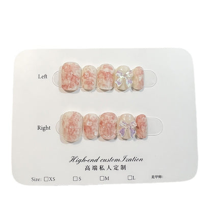 Watercolor Blooming Sweet Cute Bow Short Nail Stickers Fake Nails Fresh Handmade Wear Nail Wholesale