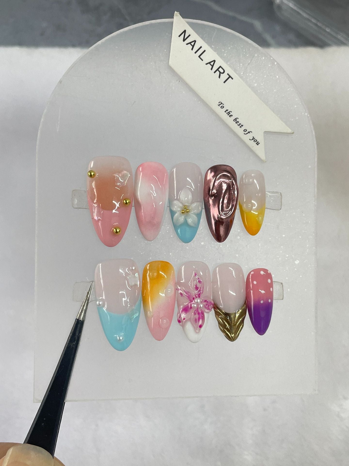 Cross-Border Hot Selling Popular Blooming Hand-Painted Three-Dimensional Carved White Elegant High-Grade Mid-Length Manicure