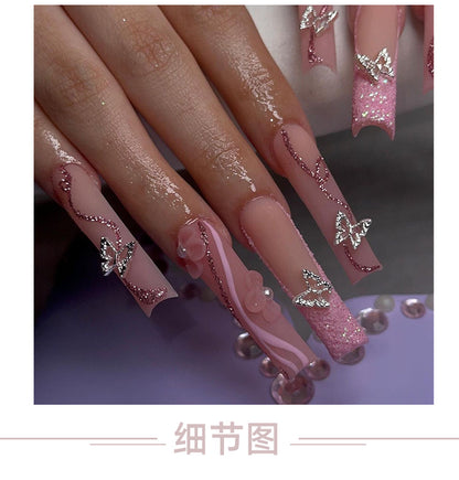 3D Three-Dimensional European and American Style Wear Armor Silver Butterfly Glitter Fake Nails Pink Flower Pearl Nail Beauty Nail Tip Finished Product