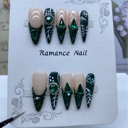 European and American Style Hot Selling Long Pointed Hand-Worn Armor Emerald French Style Full Diamond High-Grade White Manicure