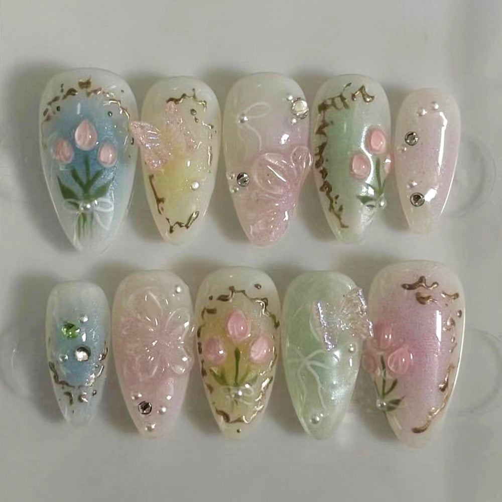 Summer Little Fresh Flower Wear Manicure Butterfly Blooming Fake Nails Short Almond Type Nail Tip Wear Nail Wholesale