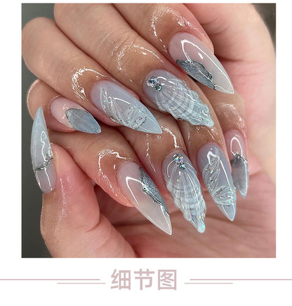 Cross-Border Hot Selling Wear Nail Polish Finished Products Wholesale Cold Color Pallete3D Water Drop Shell Nail Art Almond Fake Nails