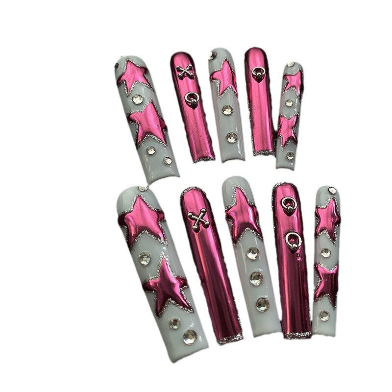 XINGX Pattern Pink and White Color Large Diamond Handmade Nail Tip Bright Finished Nail Beauty Nail Shaped Piece