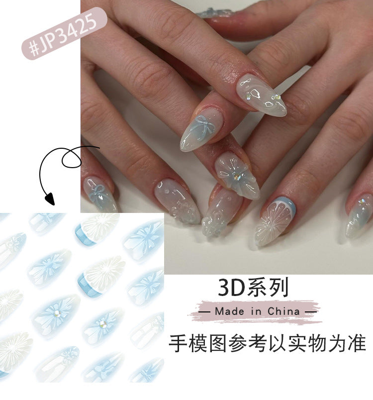 3D Blue Blooming Wear Nail Manicure Bow Fake Nails Lemon French Nail Tip Removable Nail Patch