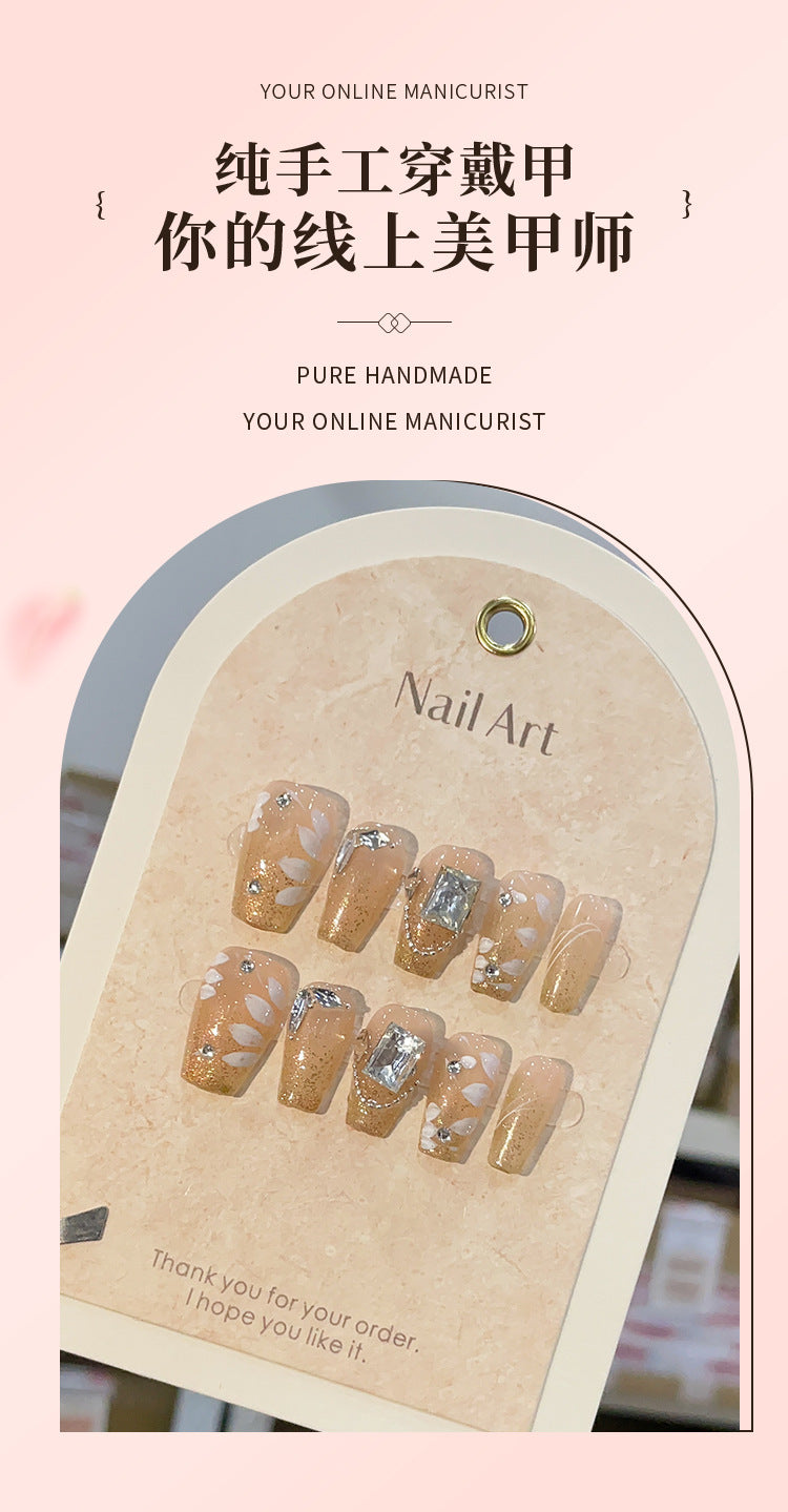 Handmade Wear Nail Short Ladder Thin and Glittering Hand Painted Small Flower Cube Candy Diamond Wear Nail Pure Want to Show White Nail Stickers UV Nail