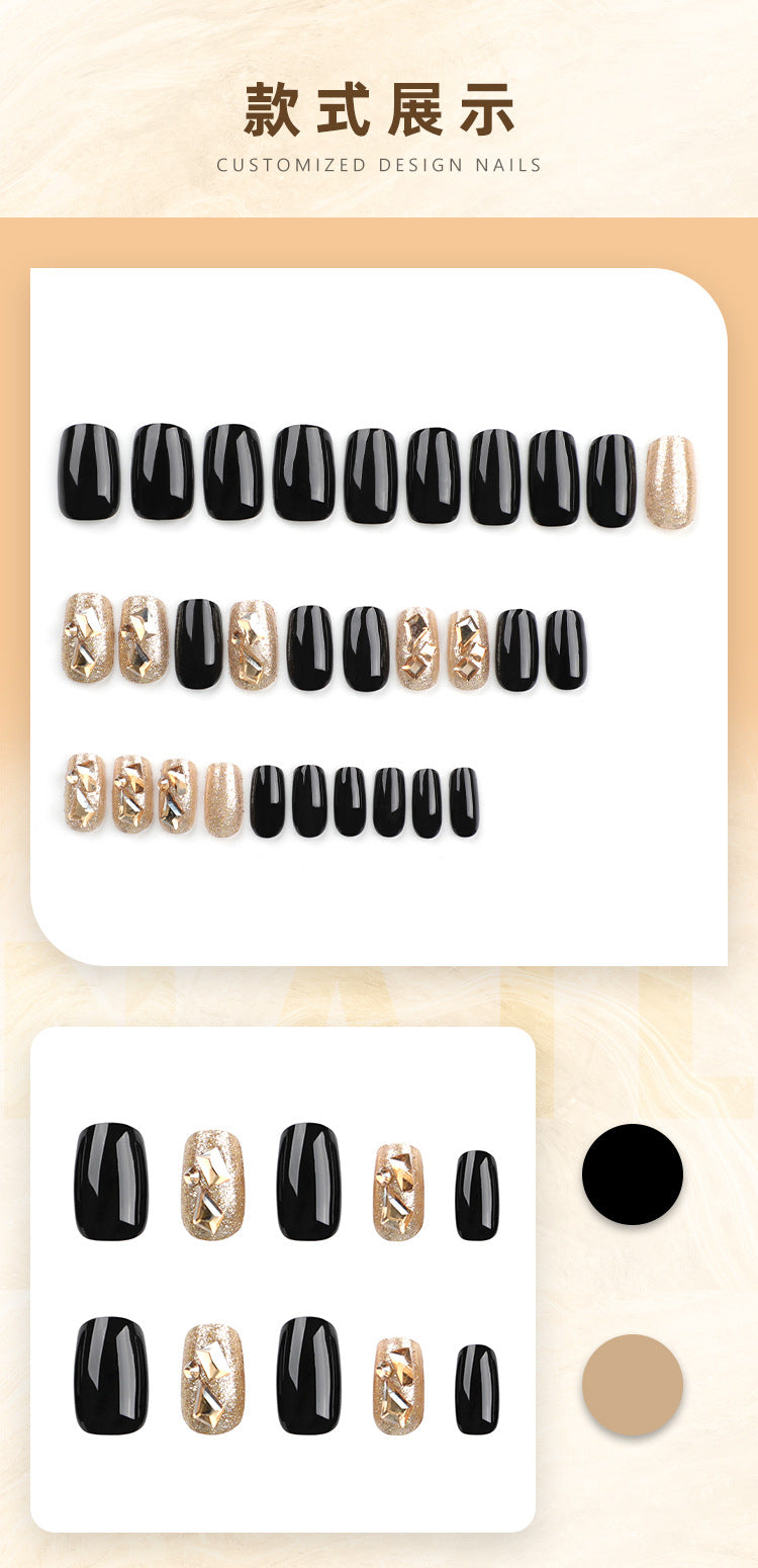 30Simple Pure Black Fake Nails Gold Glitter Wear Nail Polish Champagne Rhinestone Flash Manicure