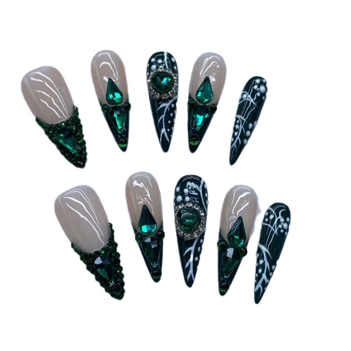 European and American Style Hot Selling Long Pointed Hand-Worn Armor Emerald French Style Full Diamond High-Grade White Manicure