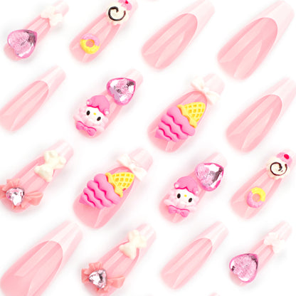 Sweet Cartoon Pink Nail Art Cone Ice Cream Wear Nail Three-Dimensional Bow Nail Tip Love Heart Rhinestone Fake Nails