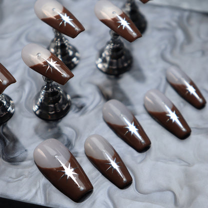 ins Style Chocolate Hand-Painted French Wear Nail Handmade Six-Pointed Star European and American Style Nail Stickers Mid-Length Ladder