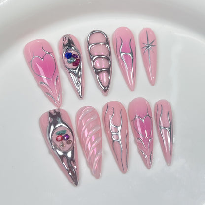 【Dyed Nail】Handmade Wear Nail Ornamental Stone Baroque Metallic Blush Nail Creative Hand-Painted Lines Sweet Cool Manicure