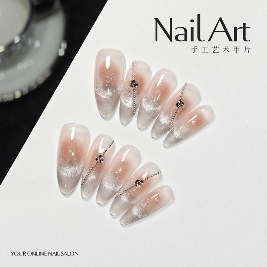 Handmade Wear Armor Summer Ice-Permeable French Blush Blooming Gradient High-Grade Almond Nail Stickers Fake Nails