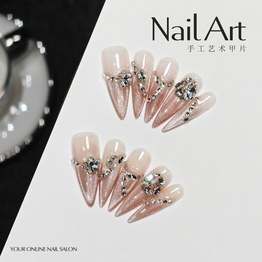 Handmade Wear Armor High-Grade Ice Transparent White Cat Eyes Long Pointed Nail Stickers Handmade Fake Nail Tip Wholesale