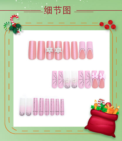 Super Long Water Pipe Nail Fake Nails Pink Sweet Tridimensional Bow Christmas Wear Nail French Snowflake Nail Tip