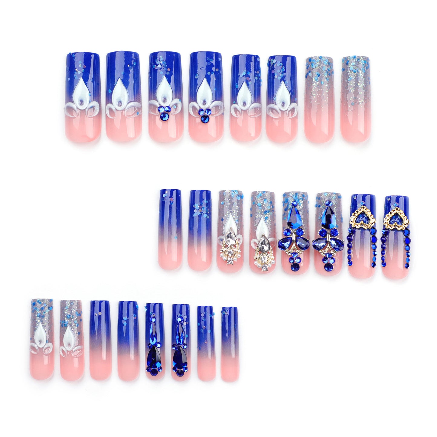 French Wear Nail Wholesale Cross-Border Hot Rhinestone Flash Nail Tips Finished Water Pipe Type Rectangular Nail Fake Nails