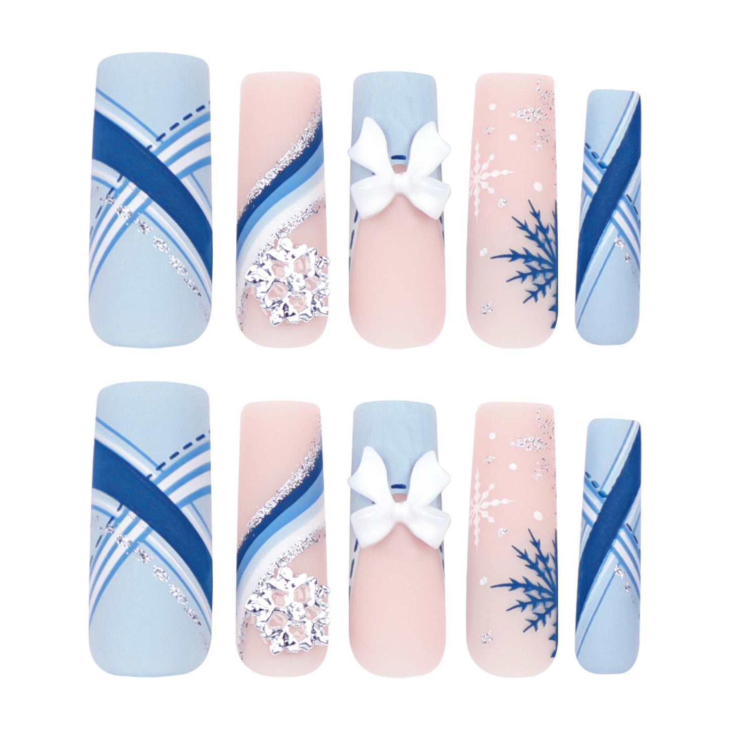 Europe and America Cross Border Christmas Wear Nail Snowflake Three-Dimensional Bow Manicure Fake Nails French Rectangle Nail Tip Wholesale