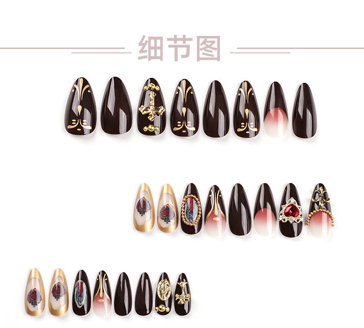 European and American Wear Nail Relief Cross Nail Art Virgin Portrait Nail Art Piece Love Gem Dark Brown Nail Tip Wholesale