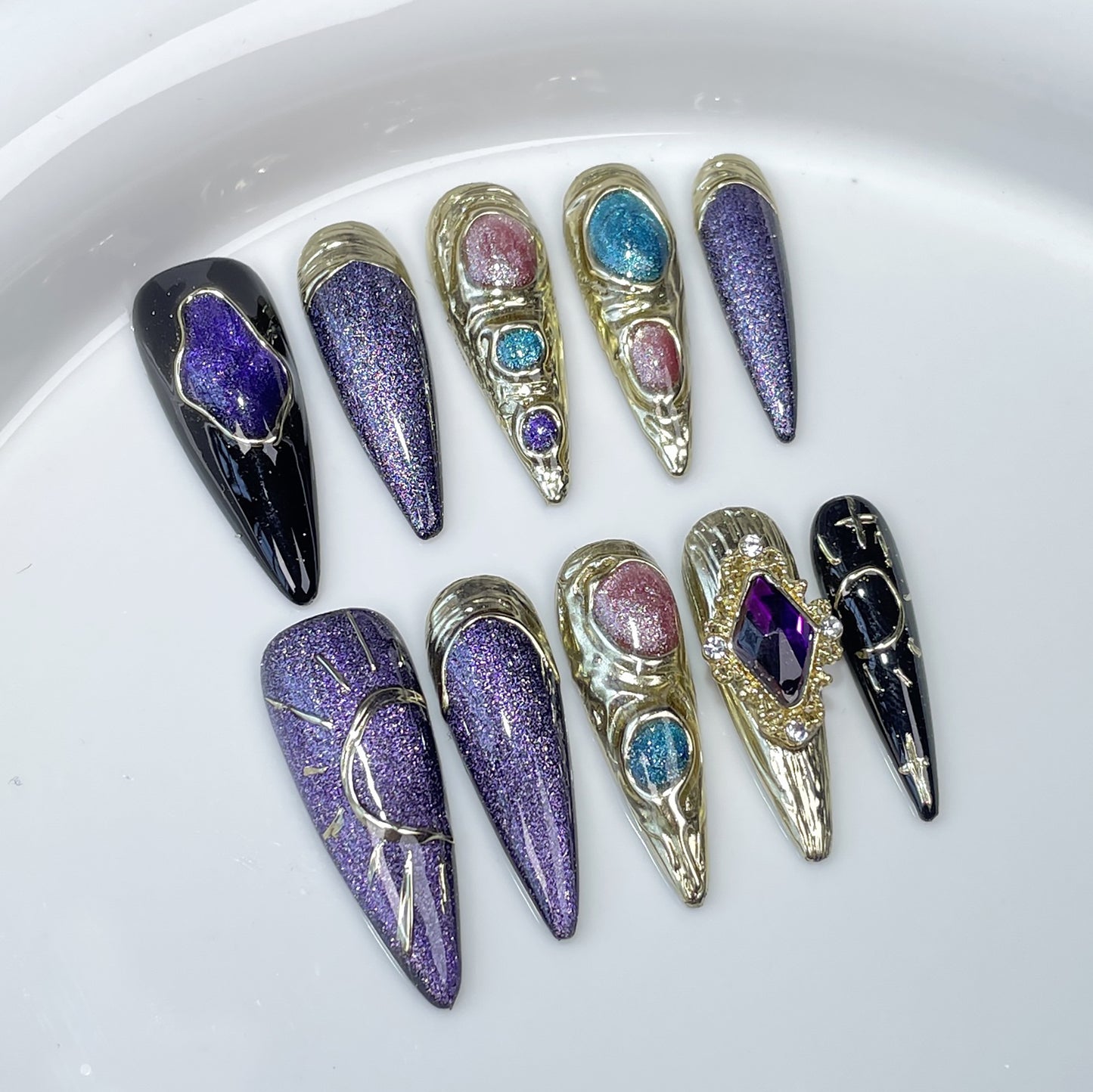 European and American Long Tip Nail Stickers Light Luxury Heavy Industry Irregular Cat Eye Handmade Wear Nail Wholesale Wearable Nail Sticker