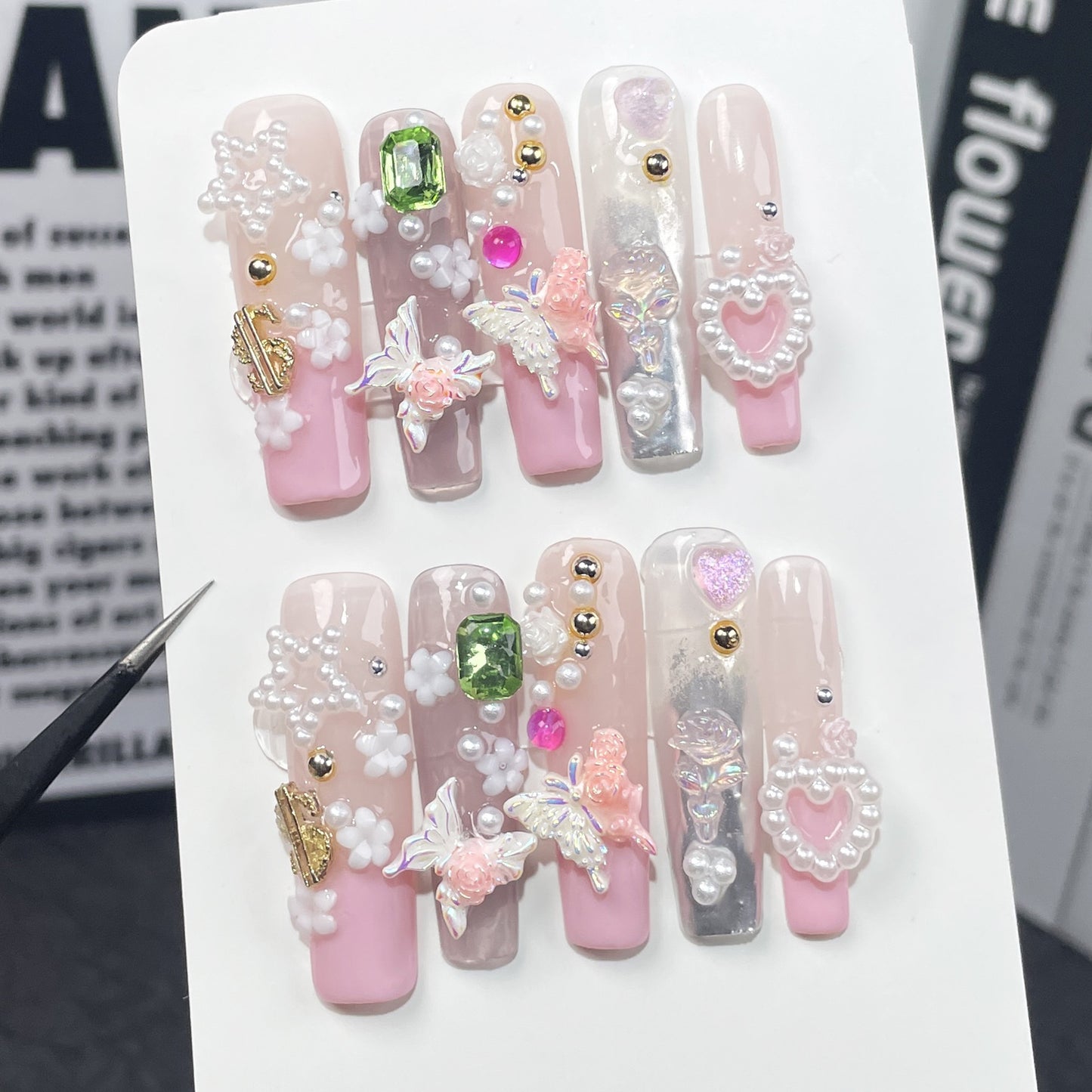 European and American Long Water Pipe Manicure Sweet French Two-Color Butterfly Hand-Worn Nail Cross-Border Wearable Fake Nails Wholesale