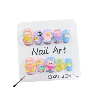 Hand-Worn Nail Cute Hugging Bear Milk Huhoo Bear Short Finished Nail Beauty Patch Wearable Nail Sticker