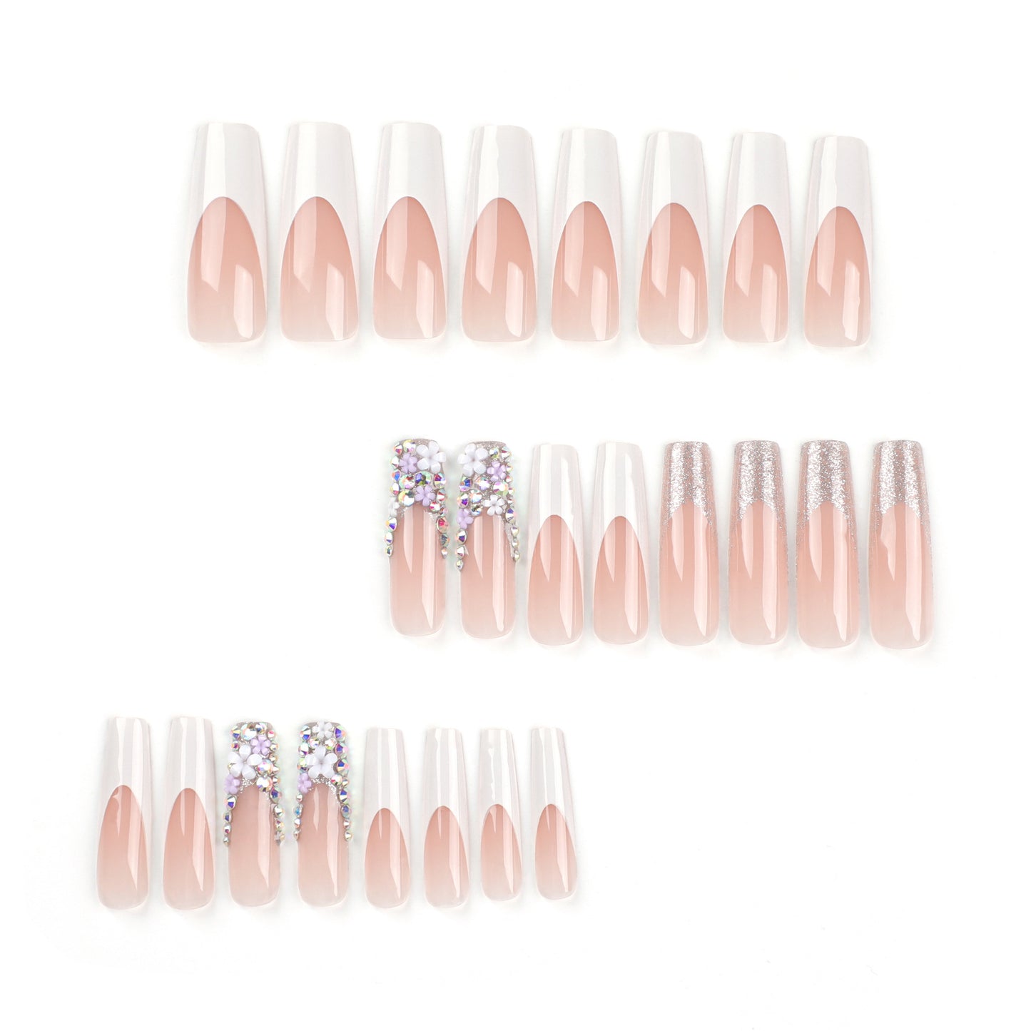 French Style White Edge New European and American Wear Nail Flower Colorful Crystals Super Long Manicure Fake Nails Nail Tip Finished Product Wholesale