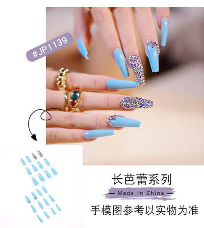 Sky Blue Full Diamond Wear Finished Nail Beauty Fake Nails Press on nail Nail Patch Detachable Nail Tip Cross-Border