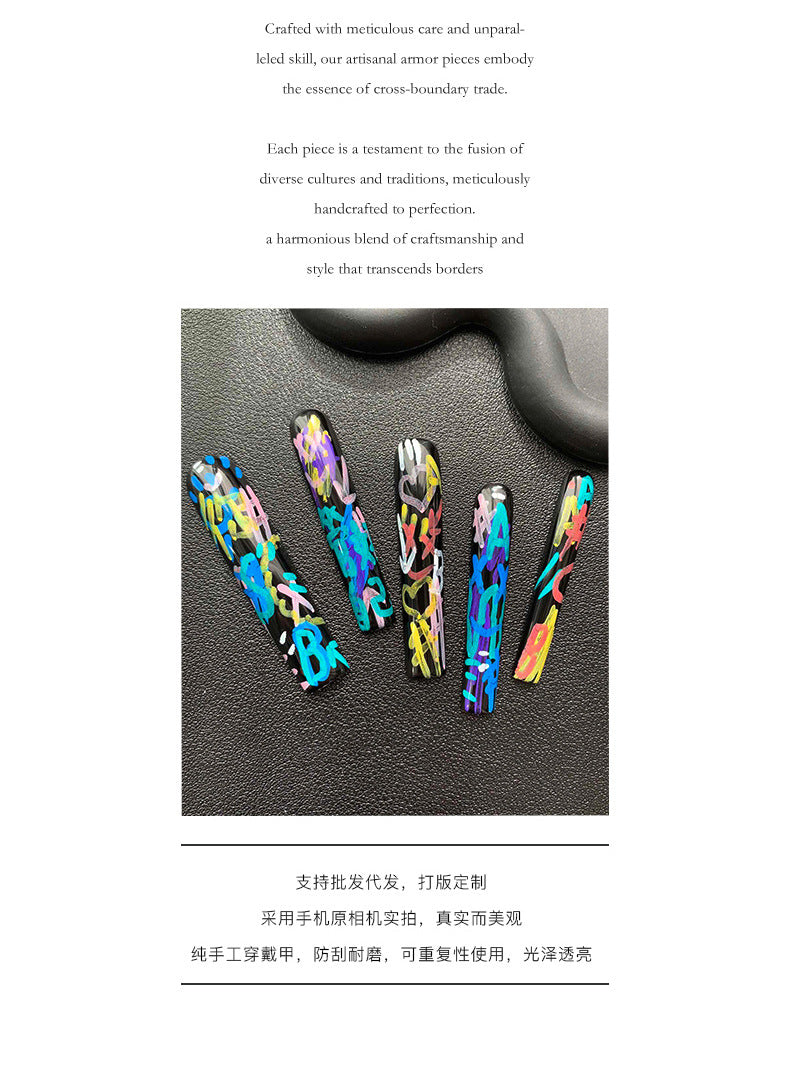 Trending Graffiti Hand-Painted Design Handmade Nail Tip Manicure Fashion Finished Product Nail Shaped Piece