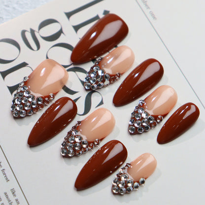 New Style Hand-Made Hand-Made French Almond Jump Color with Diamond Flash Light Luxury Detachable Finished Nail Beauty