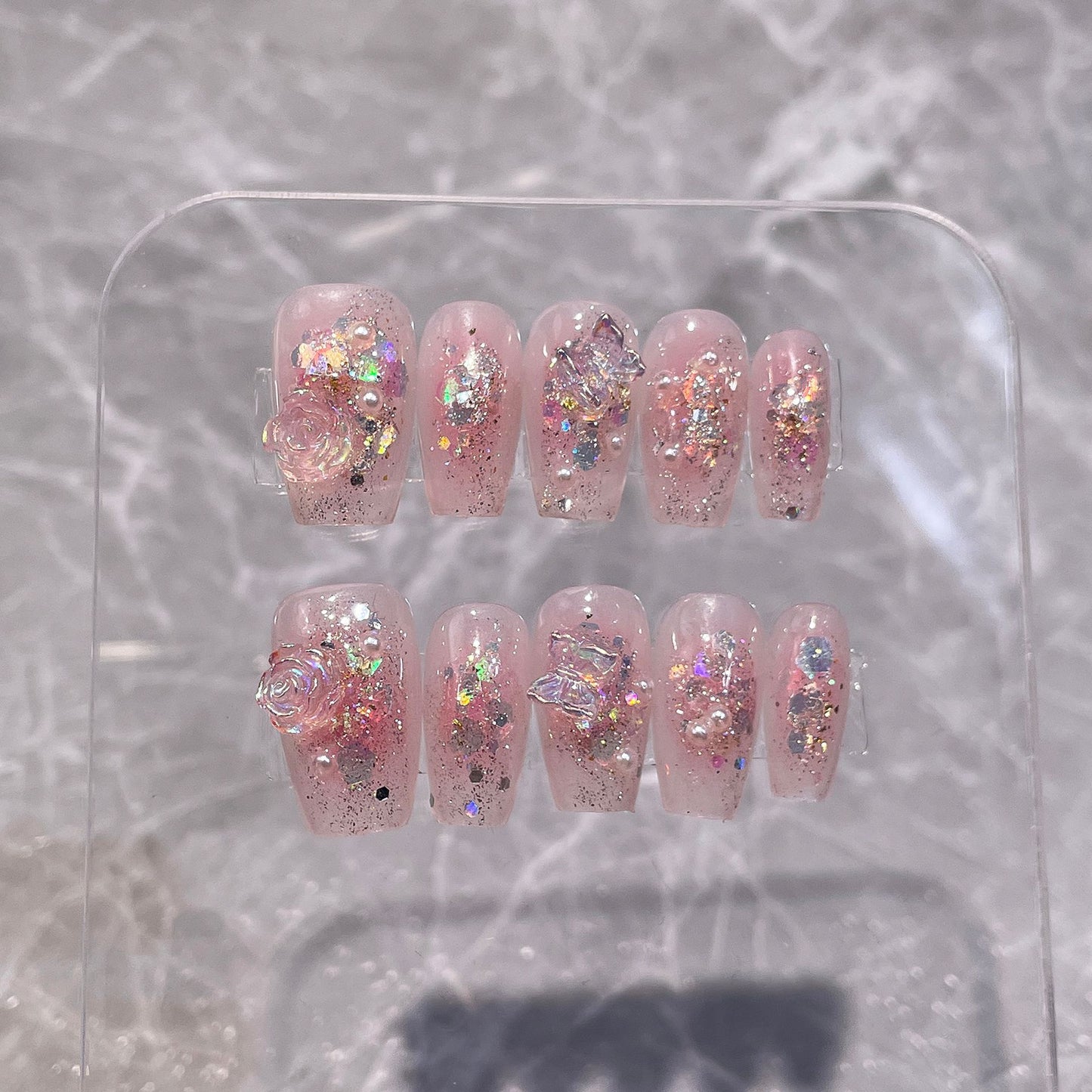 Hand-Worn Nail Blush Flash Sequins Three-Dimensional Camellia Short Nail Stickers Wearable Nail Sticker Wholesale