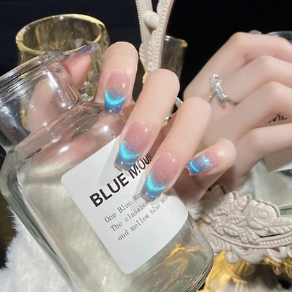 Blue Cat Eye Handmade UV Nail Beauty Wear Armor White Advanced Light Luxury Temperament Gentle Blue Gradient Detachable