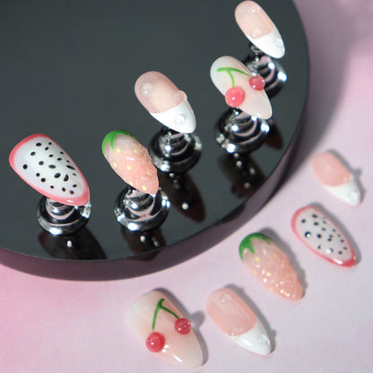 New Nail Beauty Wear Nail Colorful Fruit Cartoon Three-Dimensional Summer Fresh Almond Style White Hand Painted Nail Stickers