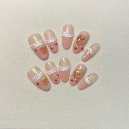 Handmade Wear Nail Hand-Painted Pinch Strawberry Medium Oval French Cute Style Wear Manicure Detachable Nail Sticker