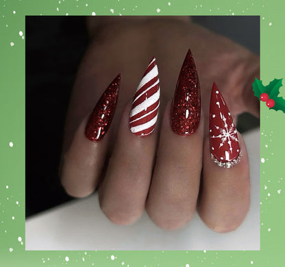 Christmas Candy Stripe Wear Nail Snowflake Manicure Fake Nails Rhinestone Sequins Can Be Repeated Nail Tip Finished Product Wholesale